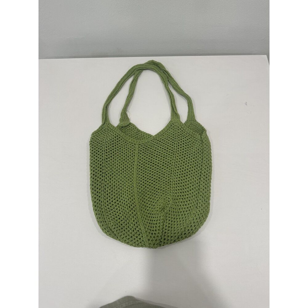 Green Crochet Knit Market Tote Bag Boho Shoulder Bag Reusable Shopping Tote